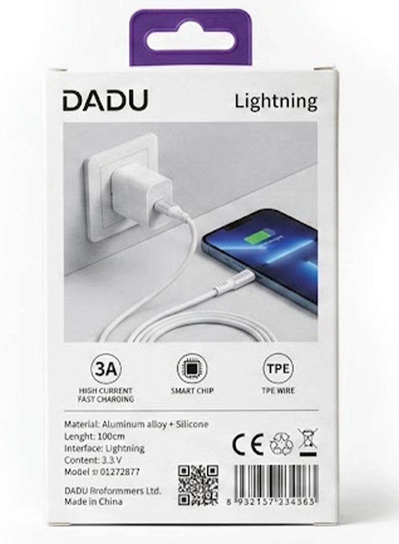 دادو كابل شحن سريع USB إلى Lightning (تيار 3 أمبير، قدرة 18 واط) يدعم الشحن ونقل البيانات بسرعة عالية؛ يتميز بسلك سيليكون متين وموصلات من سبائك الألومنيوم، وهو متوافق مع هواتف iPhone وأجهزة iPad وAirPods وبنوك الطاقة (Power Banks) وغيرها من أجهزة Apple (الطول: 1 متر). - Image 3