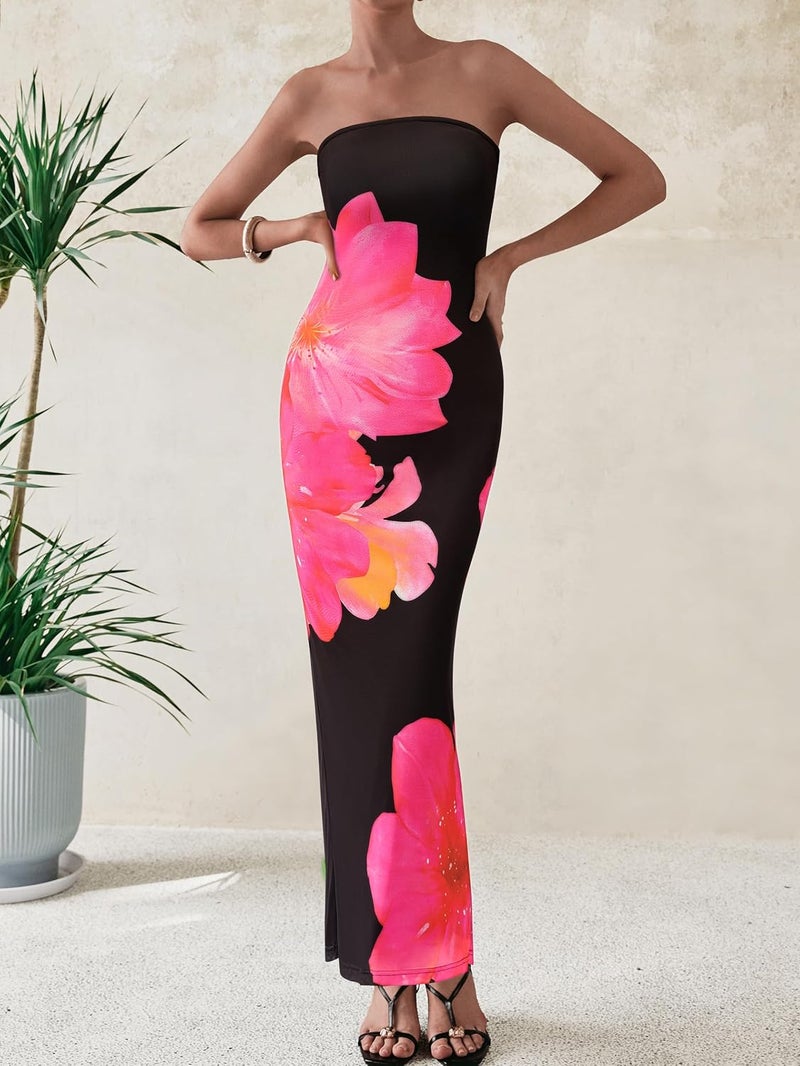 بريتي جاردن PRETTYGARDEN Women Summer Strapless Maxi Dress Bodycon Floral Sexy Long Wedding Guest Dress Formal Tube Mesh Cocktail Dresses - Image 2