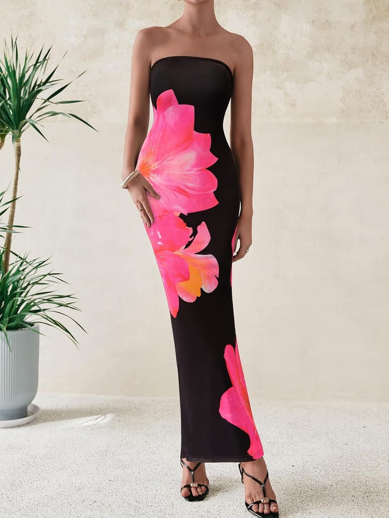 بريتي جاردن PRETTYGARDEN Women Summer Strapless Maxi Dress Bodycon Floral Sexy Long Wedding Guest Dress Formal Tube Mesh Cocktail Dresses - Image 4