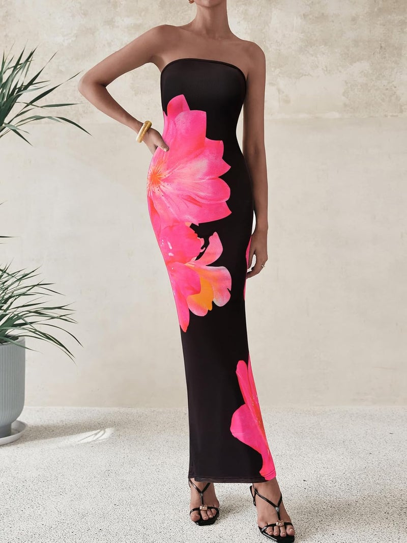 بريتي جاردن PRETTYGARDEN Women Summer Strapless Maxi Dress Bodycon Floral Sexy Long Wedding Guest Dress Formal Tube Mesh Cocktail Dresses - Image 1