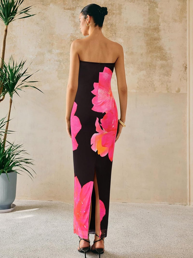 بريتي جاردن PRETTYGARDEN Women Summer Strapless Maxi Dress Bodycon Floral Sexy Long Wedding Guest Dress Formal Tube Mesh Cocktail Dresses - Image 5