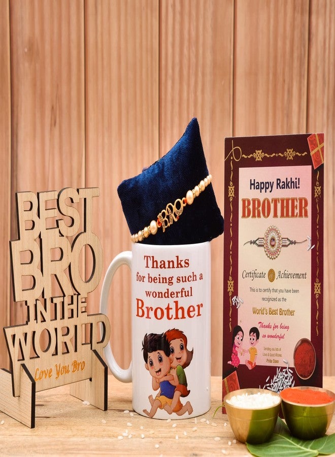 Pride Store متجر برايد - راخي للأخ - عبوة من راخي واحد مع كوب مطبوع سعة 330 مل وقطعة خشبية للعرض - أفضل أخ في العالم، بطاقة تهنئة (عبوة رولي تشاول) | هدية للرجال والأولاد والأطفال في عيد راكشا باندهان - Image 1