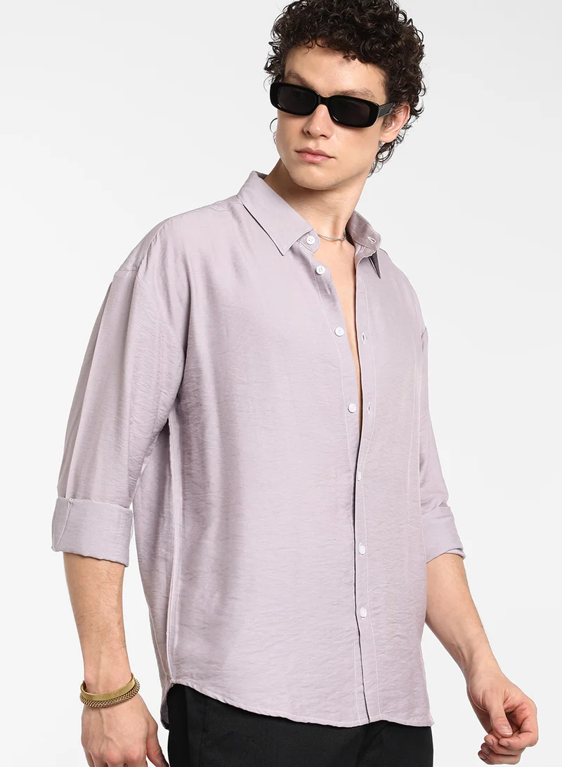 Men's Lilac Breezy Wrinked Shirt For Casual Wear | Spread Collar | Long Sleeve | Button Closure | Shirt Crafted With Comfort Fit For Everyday Wear