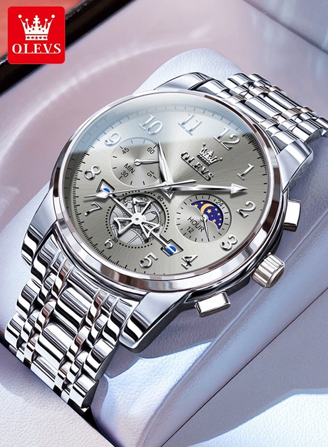 OLEVS Luxury Moon Phase Watch For Men Stainless Steel Waterpoof Luminous Fashion Chronograph Quartz Wrist Watch for Men - Image 1