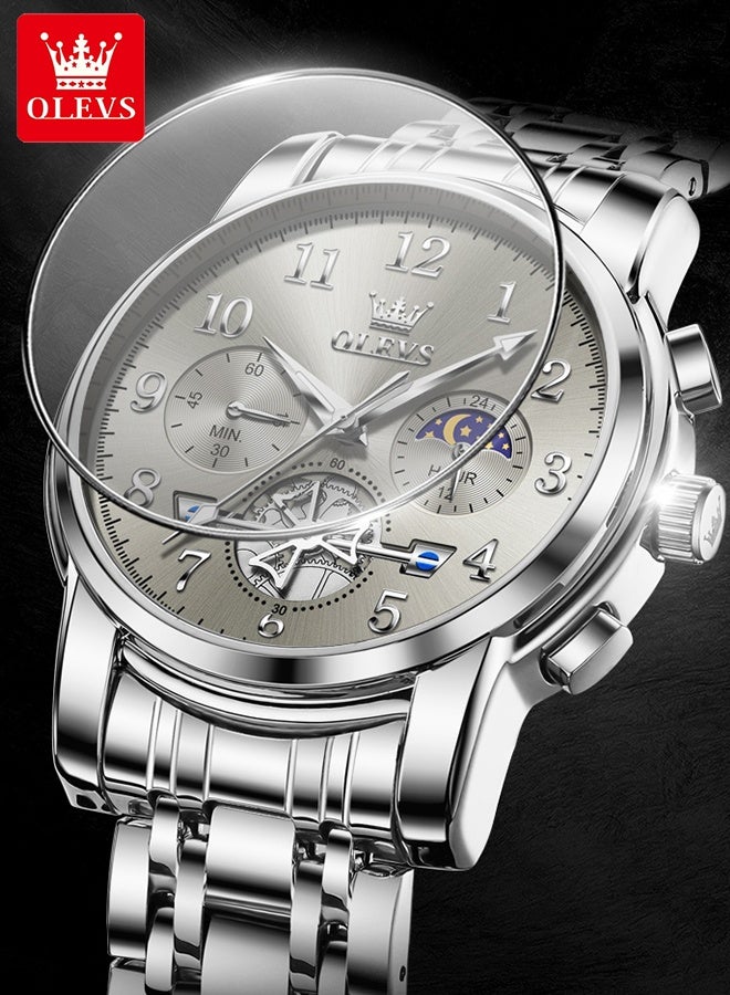 OLEVS Luxury Moon Phase Watch For Men Stainless Steel Waterpoof Luminous Fashion Chronograph Quartz Wrist Watch for Men - Image 2