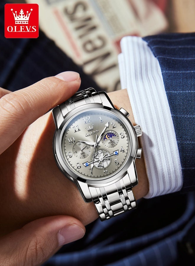 OLEVS Luxury Moon Phase Watch For Men Stainless Steel Waterpoof Luminous Fashion Chronograph Quartz Wrist Watch for Men - Image 3