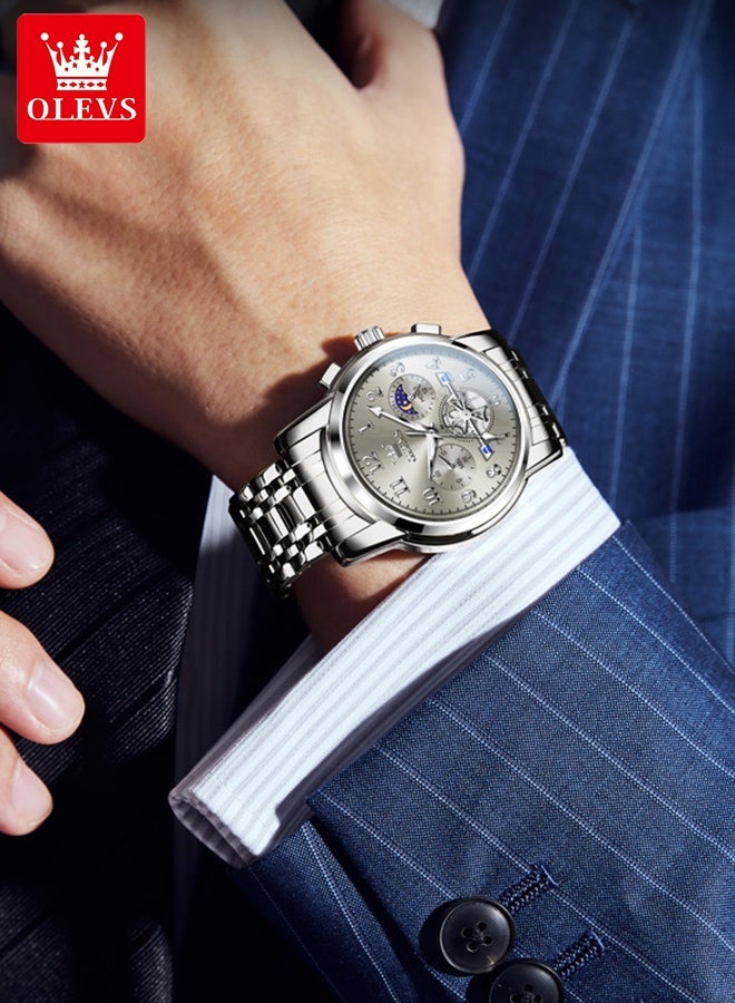 OLEVS Luxury Moon Phase Watch For Men Stainless Steel Waterpoof Luminous Fashion Chronograph Quartz Wrist Watch for Men - Image 4
