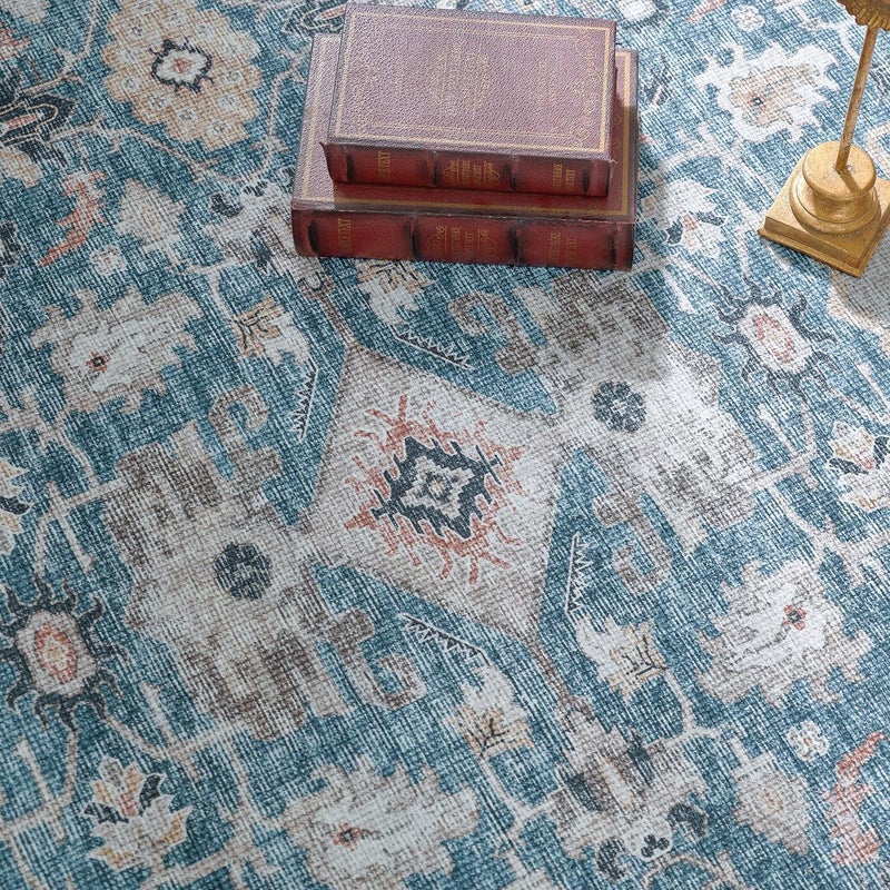 jinchan Area Rug 305x240CM Vintage Traditional Carpet Foldable Thin Mat Distressed Floral Print Indoor Floor Cover for Bedroom Living Room Dining Room Navy Blue - Image 2