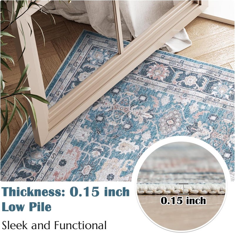 jinchan Area Rug 305x240CM Vintage Traditional Carpet Foldable Thin Mat Distressed Floral Print Indoor Floor Cover for Bedroom Living Room Dining Room Navy Blue - Image 4