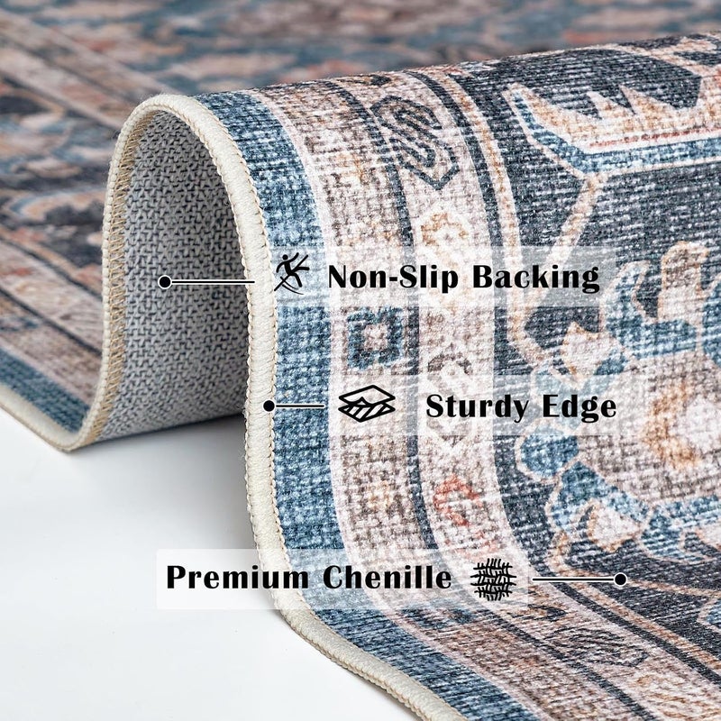 jinchan Area Rug 305x240CM Vintage Traditional Carpet Foldable Thin Mat Distressed Floral Print Indoor Floor Cover for Bedroom Living Room Dining Room Navy Blue - Image 3