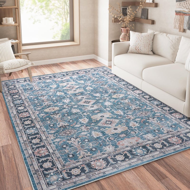 jinchan Area Rug 305x240CM Vintage Traditional Carpet Foldable Thin Mat Distressed Floral Print Indoor Floor Cover for Bedroom Living Room Dining Room Navy Blue - Image 1