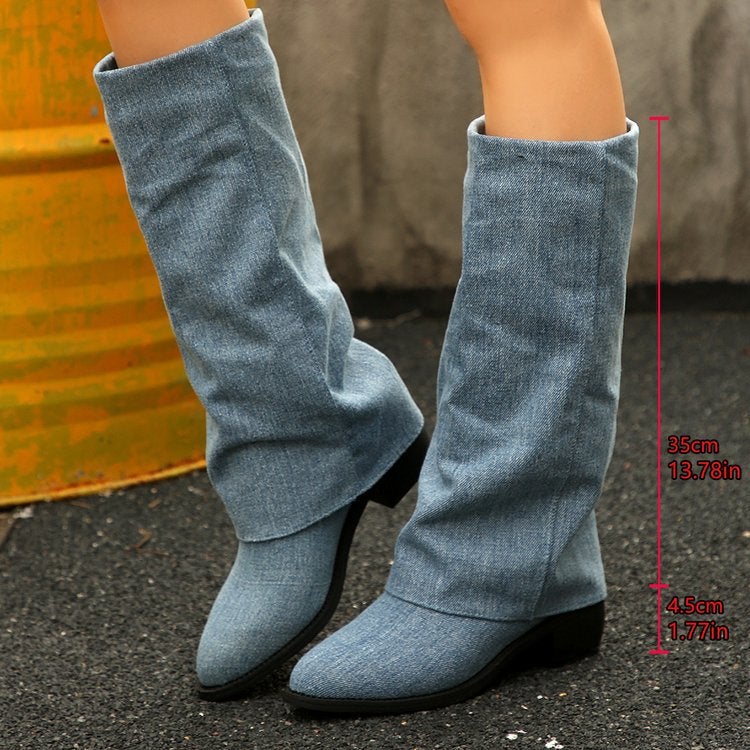 Thick Heel Cowboy Boots Large Size Mid-Calf Pants Boots Knight Boots - Image 1