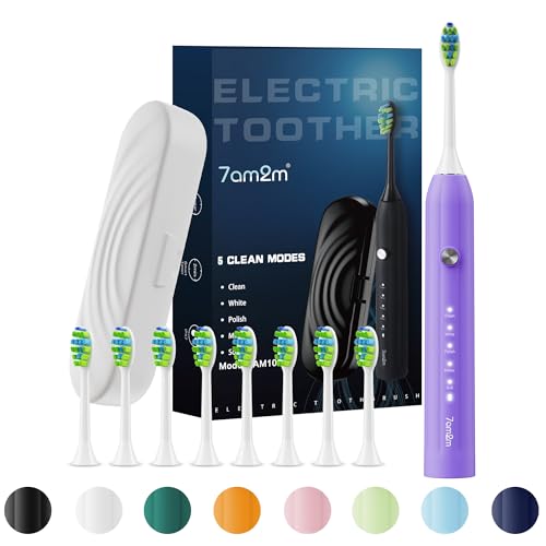 7AM2M Sonic Electric Toothbrush for Adults and Kids, with 8 Brush Heads and Travel Case,5 Modes with 2 Minutes Build in Smart Timer, One Charge Use for 90 Days, Rechargeable Toothbrushes (Purple) - Image 1
