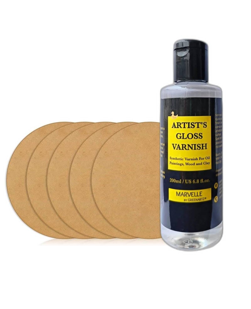 MARVELLE 200ml Artist's Gloss Varnish for Oil Painting Wood Clay Artwork Protection Quick Drying Non Yellowing (Varnish + 5pc Coaster Set) - Image 1