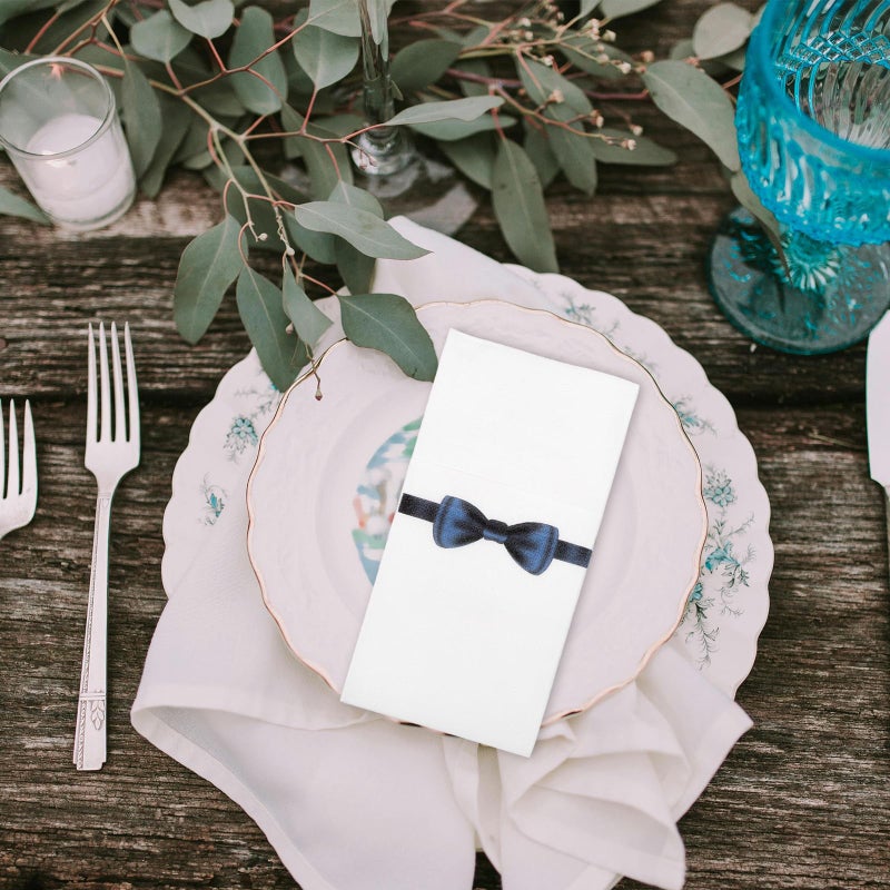 Disposable Bow Tie Print Napkins 50pcs 40x40cm Navy Blue with Silverware Holder for Restaurant Hotel Family Gathering - Image 5
