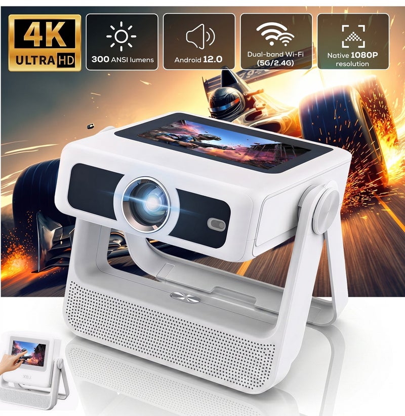 HAMMINER A5 Pro Smart Portable Projector Auto Focus Projector 4K Supported Projector HD Projector For Home Theater Auto Keystone Projector, Native 1080P Smart Projector 300 ANSI Lumens With Dual Wi-Fi 5G/2.4G, BT 5.0, 180 Degree Rotation, Android 12.0 Built In Speaker Video Projector Large Area Cover 300" Intelligent Doule Touchscreen Projector - Image 1
