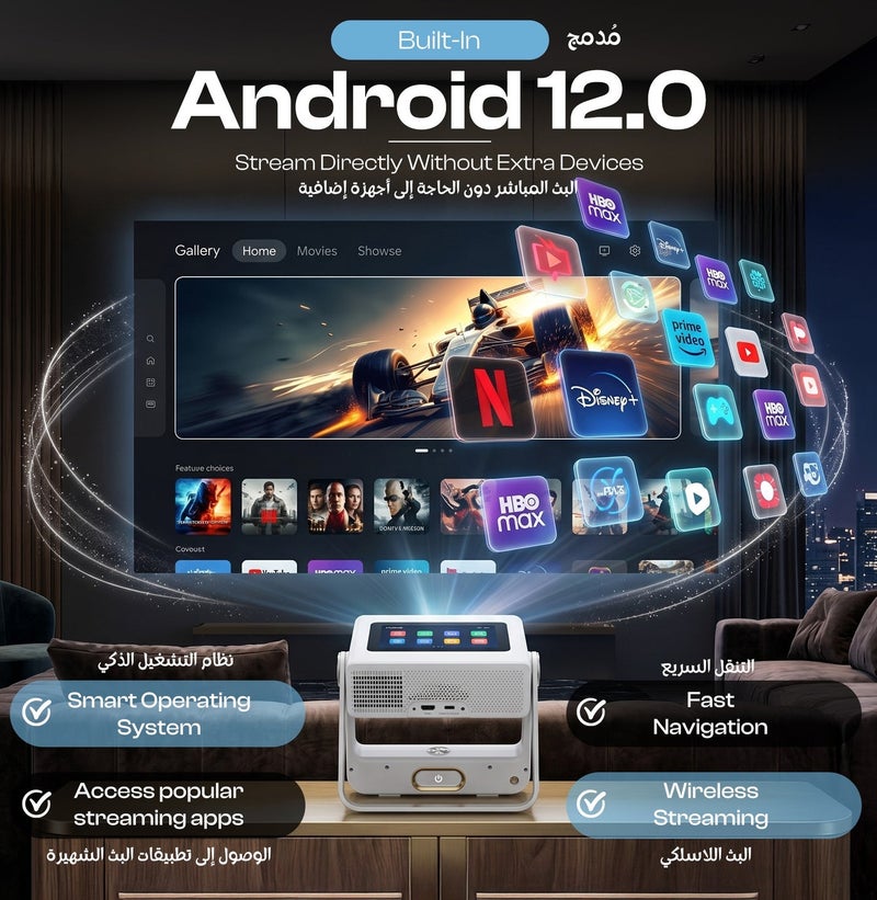 HAMMINER A5 Pro Smart Portable Projector Auto Focus Projector 4K Supported Projector HD Projector For Home Theater Auto Keystone Projector, Native 1080P Smart Projector 300 ANSI Lumens With Dual Wi-Fi 5G/2.4G, BT 5.0, 180 Degree Rotation, Android 12.0 Built In Speaker Video Projector Large Area Cover 300" Intelligent Doule Touchscreen Projector - Image 4