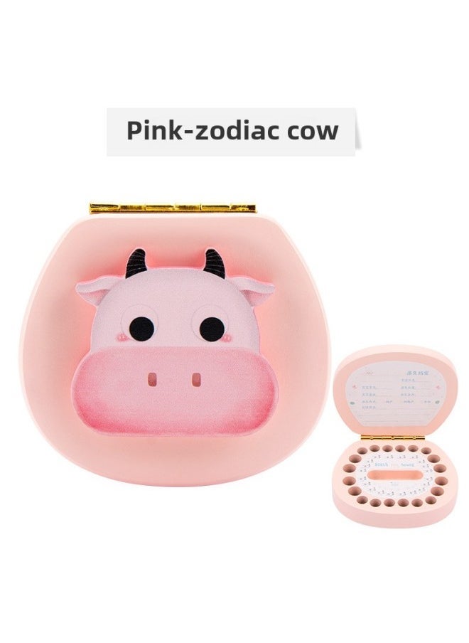 Milk Tooth Box Baby Fetal Hair Collection Box Gift Children Souvenir Wooden Internet Celebrity Tooth Storage Box Boys And Girls-Color:Pink-cow - Image 1