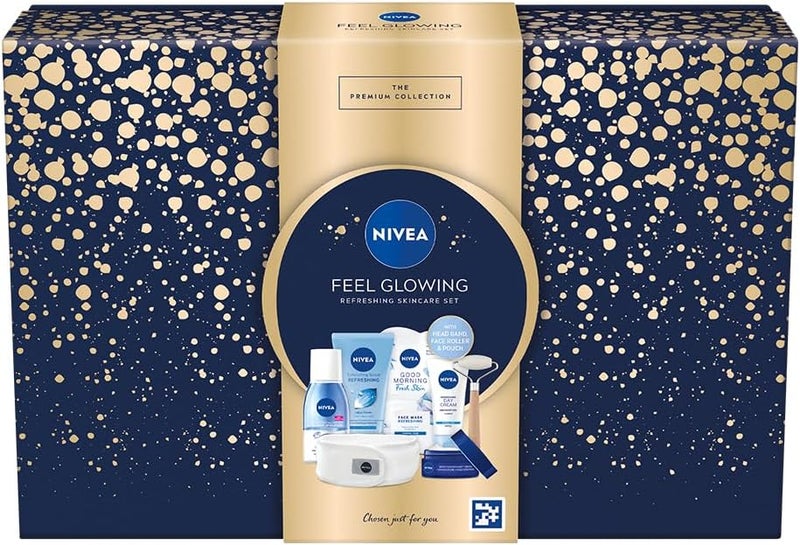 NIVEA Feel Glowing Refreshing Skincare Gift Set Womens Gift Set with Day Cream Night Cream Exfoliating Scrub Face Mask Eye MakeUp Remover Spa Headband