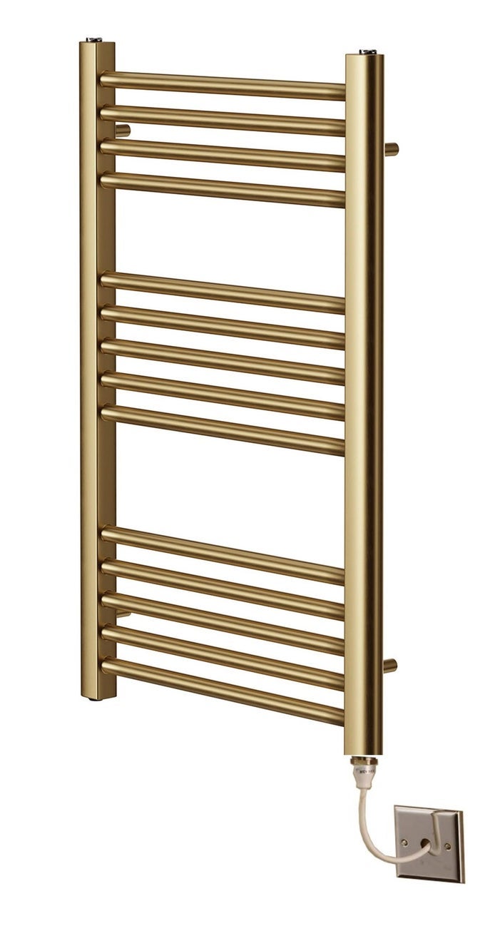 ELECTRIC BRUSHED BRASS STRAIGHT HEATED TOWEL RAIL 500MM WIDE X 800MM HIGH FLAT TOWEL RADIATOR