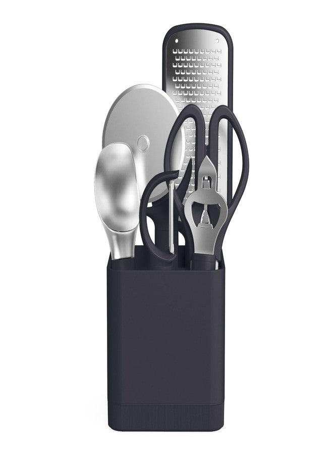 bella 7-Piece Modular Gadget Set, Grater, Pizza Cutter, Ice Cream Scoop, Peeler, Shears, Bottle Opener, Crock with removable divider, Dishwasher Safe, Slate - Image 1