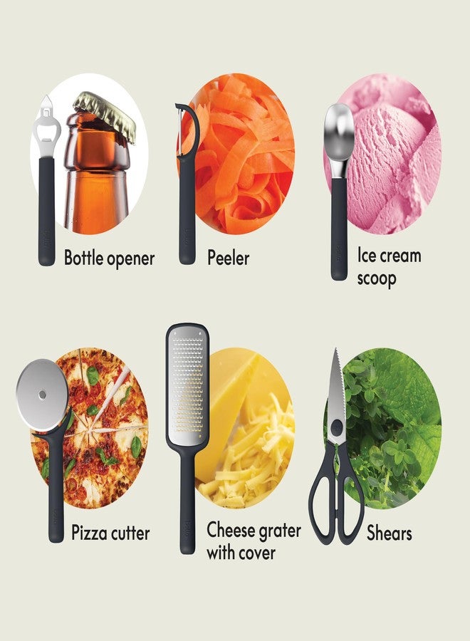 bella 7-Piece Modular Gadget Set, Grater, Pizza Cutter, Ice Cream Scoop, Peeler, Shears, Bottle Opener, Crock with removable divider, Dishwasher Safe, Slate - Image 2