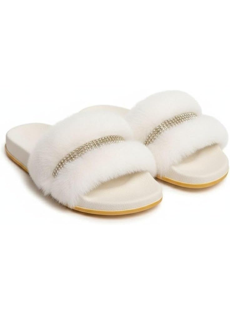 Women's Fur Slippers, Luxury Medical Home Slides with Soft Fur and Crystal Decoration - Image 1