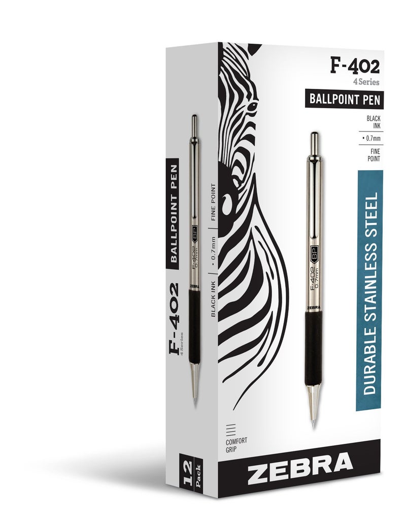 Zebra Pen F-402 Stainless Steel Retractable Ballpoint Ink Pens 12-Pack, Black Ink, 0.7mm Fine Point, Easy-Glide Ink, Non-Slip Grip, Metal Clip, Refillable With F-Refill (29210) - Image 1