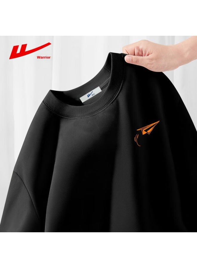 Pull Back Warrior Sweatshirt For Men, 320g Heavy Cotton, Spring Long-sleeve T-shirt, Men's Inner Round Neck Undershirt, Men's Top Outerwear, Black, XL - Image 1