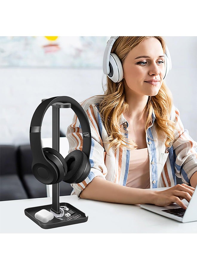 Headphone Stand, Headset Stand with Phone Stand, Storage Tray, Headsets Stand, Gaming Headphone Holder for All Headphones, 3 in 1 for AirPods Max Beats Sony Bose, Black