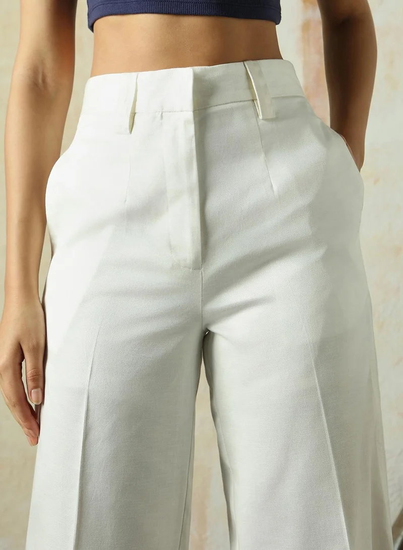 HIGH STAR white Women's Marshmallow Cotton Blend Solid Full Length Chinos Wide Leg Trouser for Women | Best Price UAE