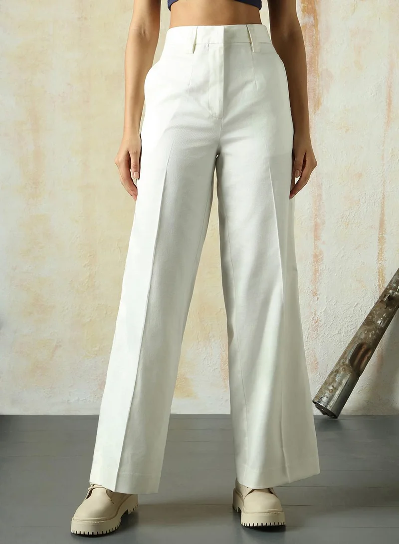 HIGH STAR white Women's Marshmallow Cotton Blend Solid Full Length Chinos Wide Leg Trouser for Women | Best Price UAE
