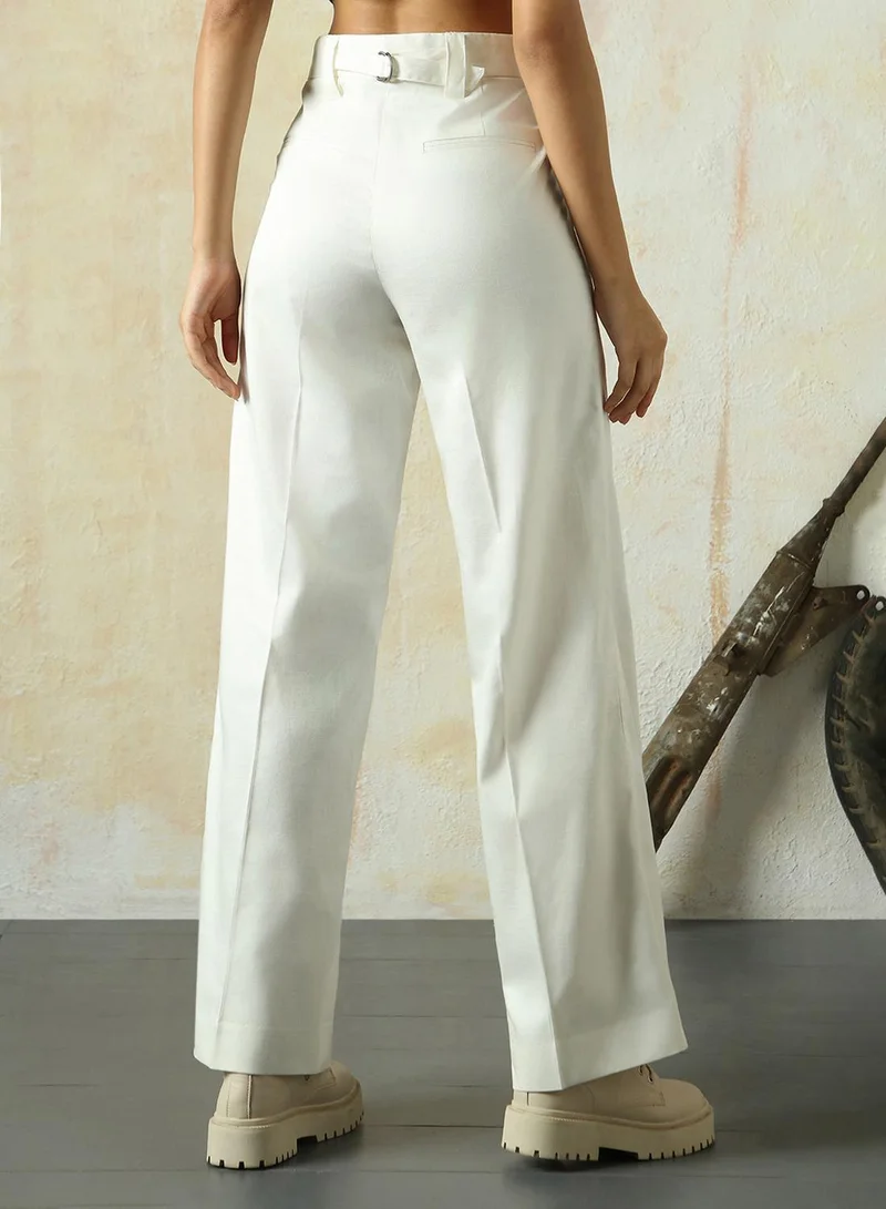 HIGH STAR white Women's Marshmallow Cotton Blend Solid Full Length Chinos Wide Leg Trouser for Women | Best Price UAE