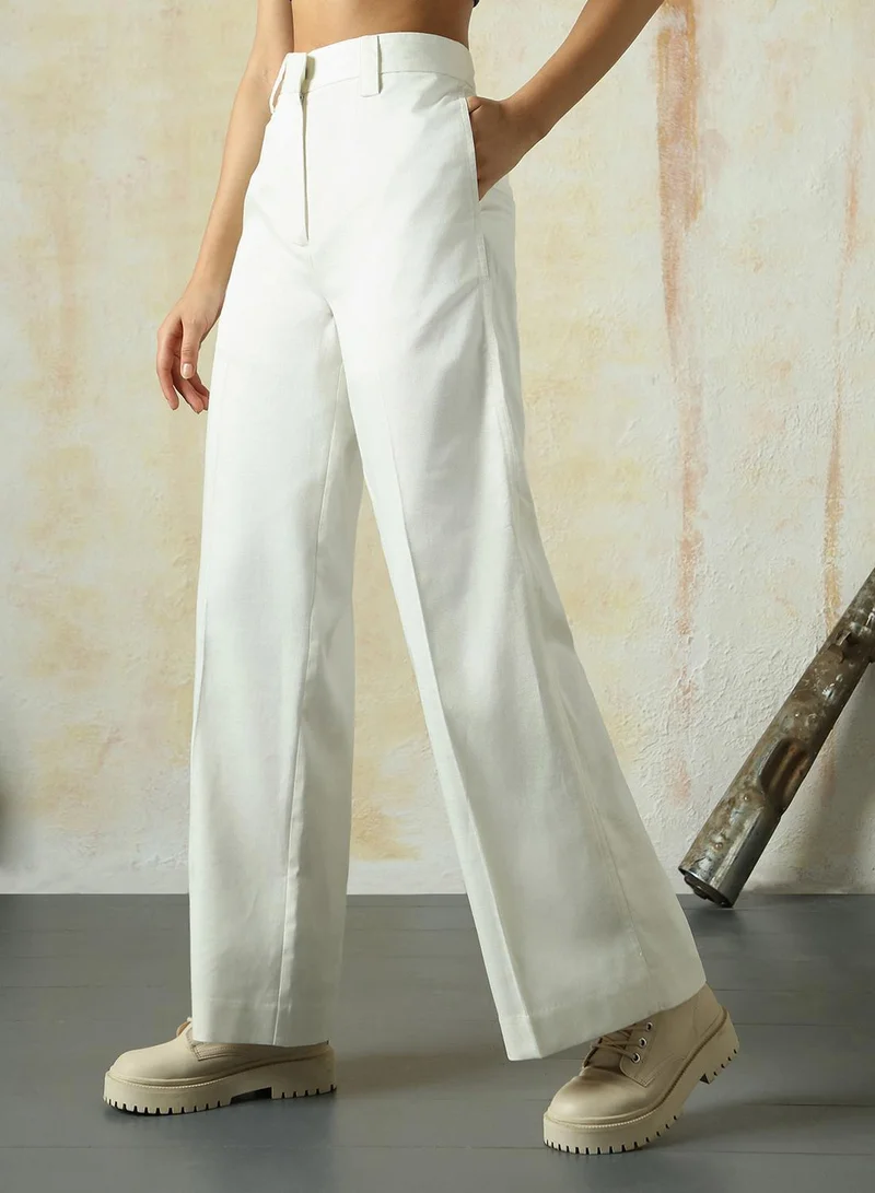 HIGH STAR Women's Marshmallow Cotton Blend Solid Full Length Chinos Wide Leg Trouser