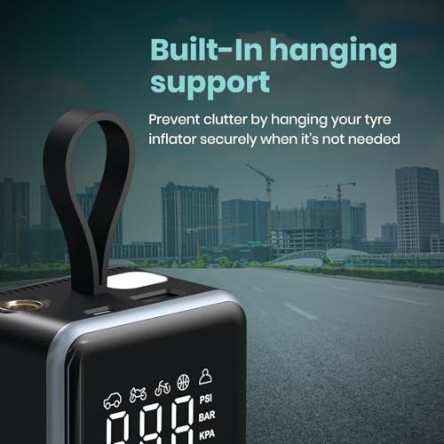 Portronics Vayu 8.0, Digital Rechargeable Tyre Inflator with In-Built Hanging Support, 2×2000mAh Batteries, Auto Shut Off, LED Light, SOS, Pressure Detection, Type-C Charging, for Car/Bike/Ball(Black) - Image 2