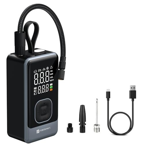 Portronics Vayu 8.0, Digital Rechargeable Tyre Inflator with In-Built Hanging Support, 2×2000mAh Batteries, Auto Shut Off, LED Light, SOS, Pressure Detection, Type-C Charging, for Car/Bike/Ball(Black) - Image 1