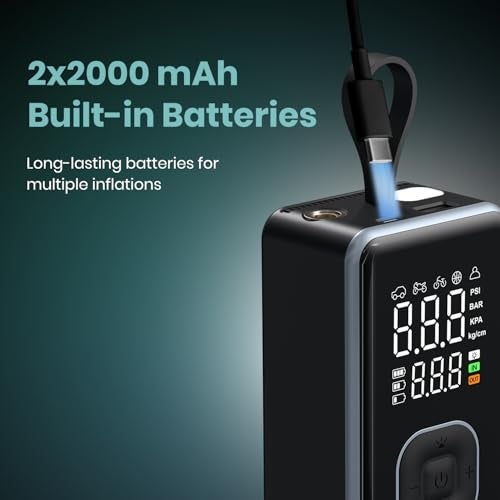 Portronics Vayu 8.0, Digital Rechargeable Tyre Inflator with In-Built Hanging Support, 2×2000mAh Batteries, Auto Shut Off, LED Light, SOS, Pressure Detection, Type-C Charging, for Car/Bike/Ball(Black) - Image 4