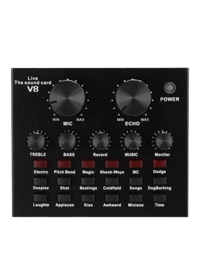 في8 خالط صوتي صغير محمول مع بطاقة صوت 8 لايف، مزود بميزة تغيير الصوت، يدعم الهواتف الذكية والأجهزة اللوحية وأجهزة الكمبيوتر المحمولة والمكتبية، بمستوى صوت قابل للتعديل لتسجيل الموسيقى والغناء والبث المباشر. - Image 2