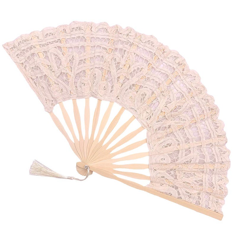 Propupy Retro Cotton Lace Fan with Bamboo Staves and Silk Tassels Beige Length 1065 x Width 192 Handmade Portable Great for Weddings Parties and Decoration
