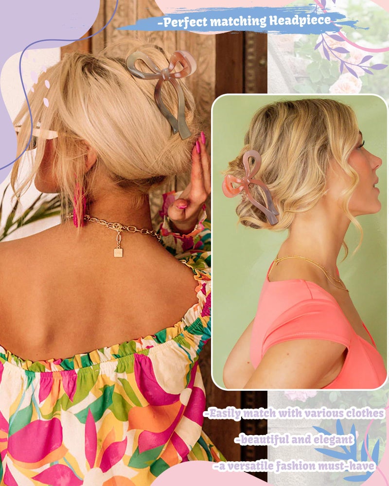 CHLINS 4 PCS Bow Hair Clips Bow Claw Clip for Women Nonslip Large Hair Claw Clips for Thin and Thick Hair Strong Hold Hair Bows (Purple+Rose red+Orange+Light brown) - Image 3