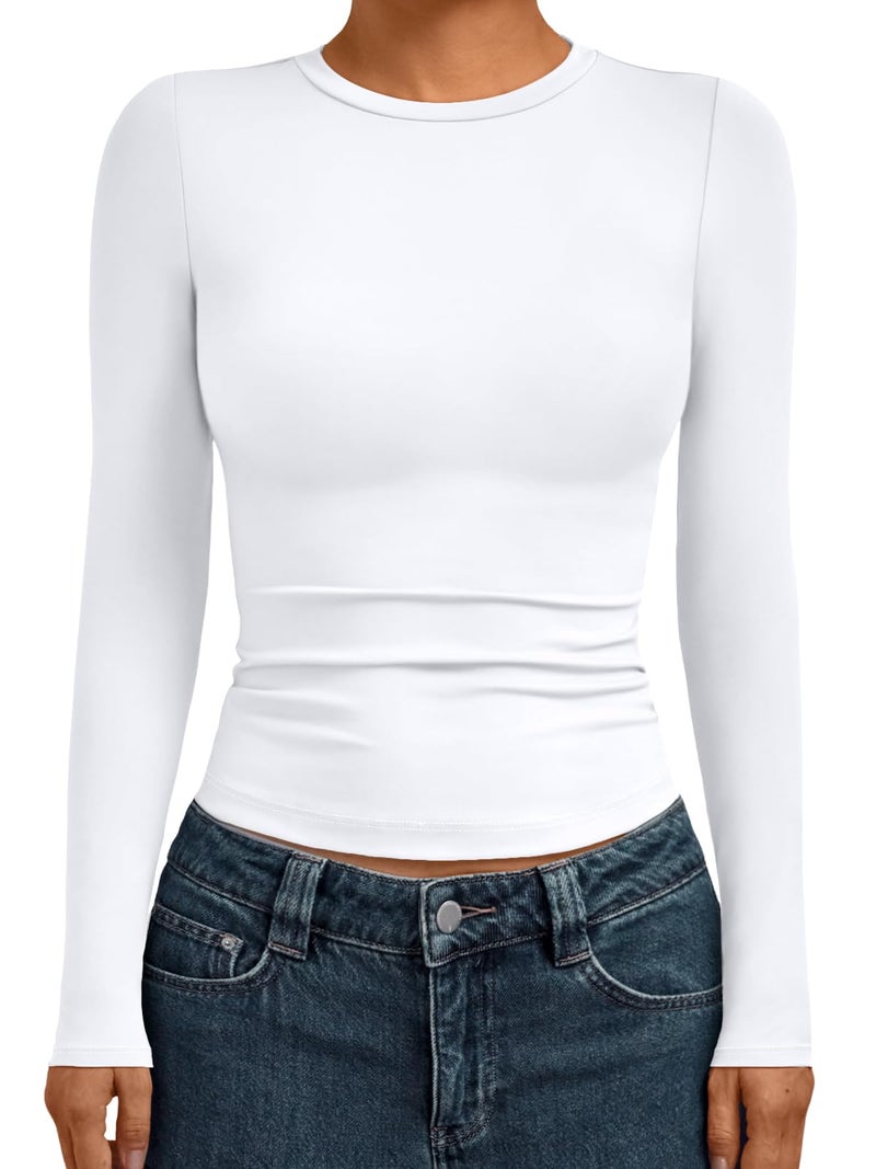 AUTOMET Womens Long Sleeve Shirts Basic Compression Going Out Crop Tops Fall Fashion Y2K Clothes 2025 White XS - Image 1