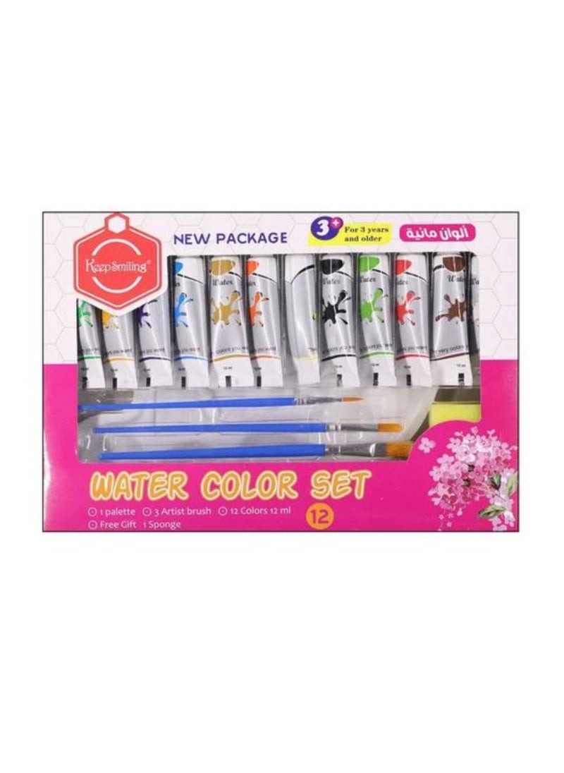 Keep Smiling Water Color Set including Palette Artist Brush Sponge and set of 12 colors  - Image 1