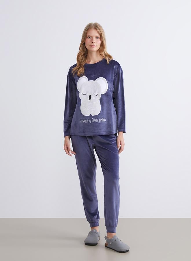 LC WAIKIKI Crew Neck Embroidered Long Sleeve Velvet Women's Pajamas Set - Image 2