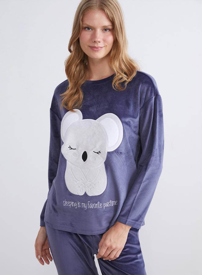 LC WAIKIKI Crew Neck Embroidered Long Sleeve Velvet Women's Pajamas Set - Image 3