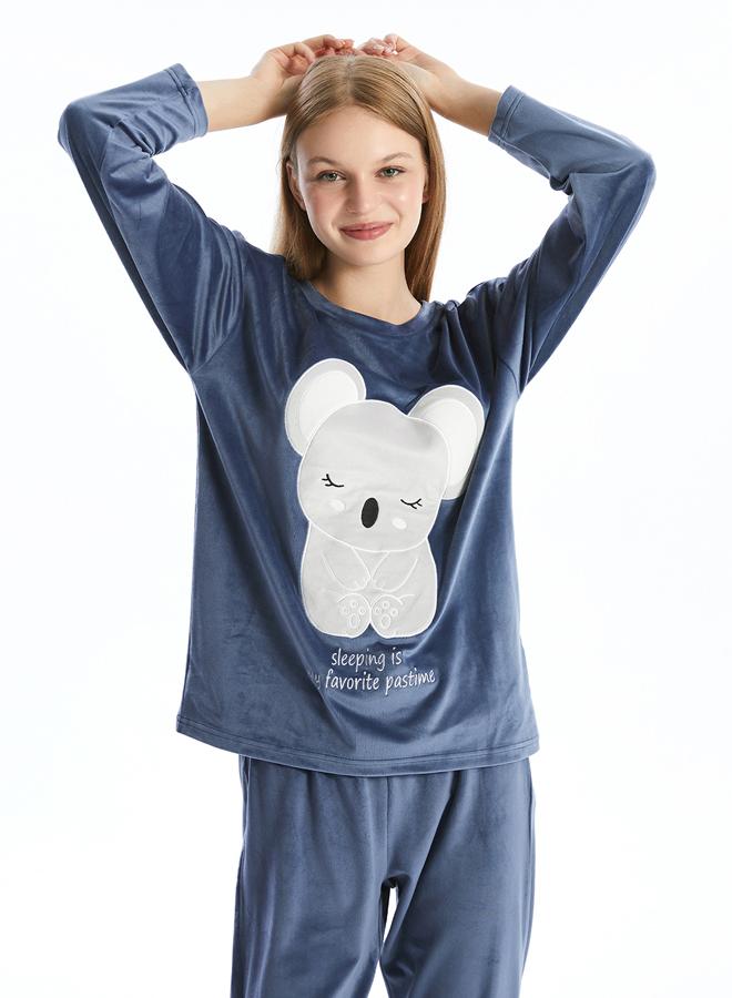 LC WAIKIKI Crew Neck Embroidered Long Sleeve Velvet Women's Pajamas Set - Image 1