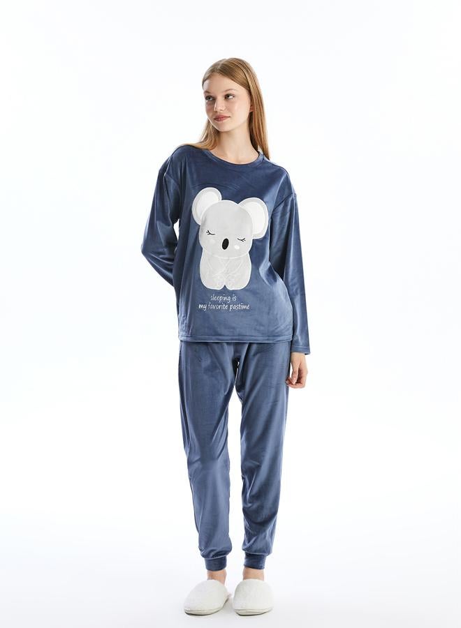 LC WAIKIKI Crew Neck Embroidered Long Sleeve Velvet Women's Pajamas Set - Image 4