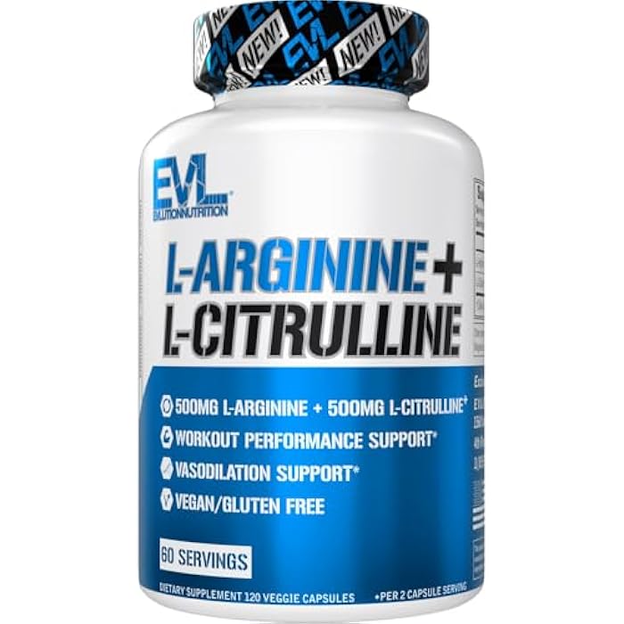 Evlution Nutrition L-Arginine + L-Citrulline - Endurance + Workout Performance Supplement - 1000mg Complex - Vasodilation + Nitric Oxide Support - Vegan + Gluten Free Capsules - 60 Servings - Image 1