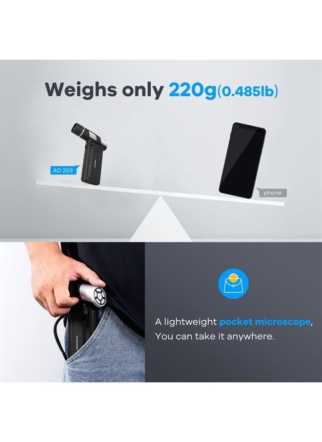 Andonstar - AD203 Handheld Digital Microscope, Portable Pocket Microscope with 4 inch Screen for Kids and Adults, Black, Electronic FHD Video Microscope, Supports Windows Mac PC, USB Coin Microscope - Image 1