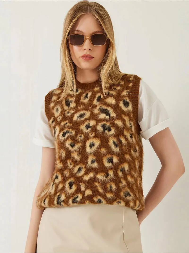 Bianco Lucci LUCCI Leopard Print Ribbed Knitwear Sweater Vest