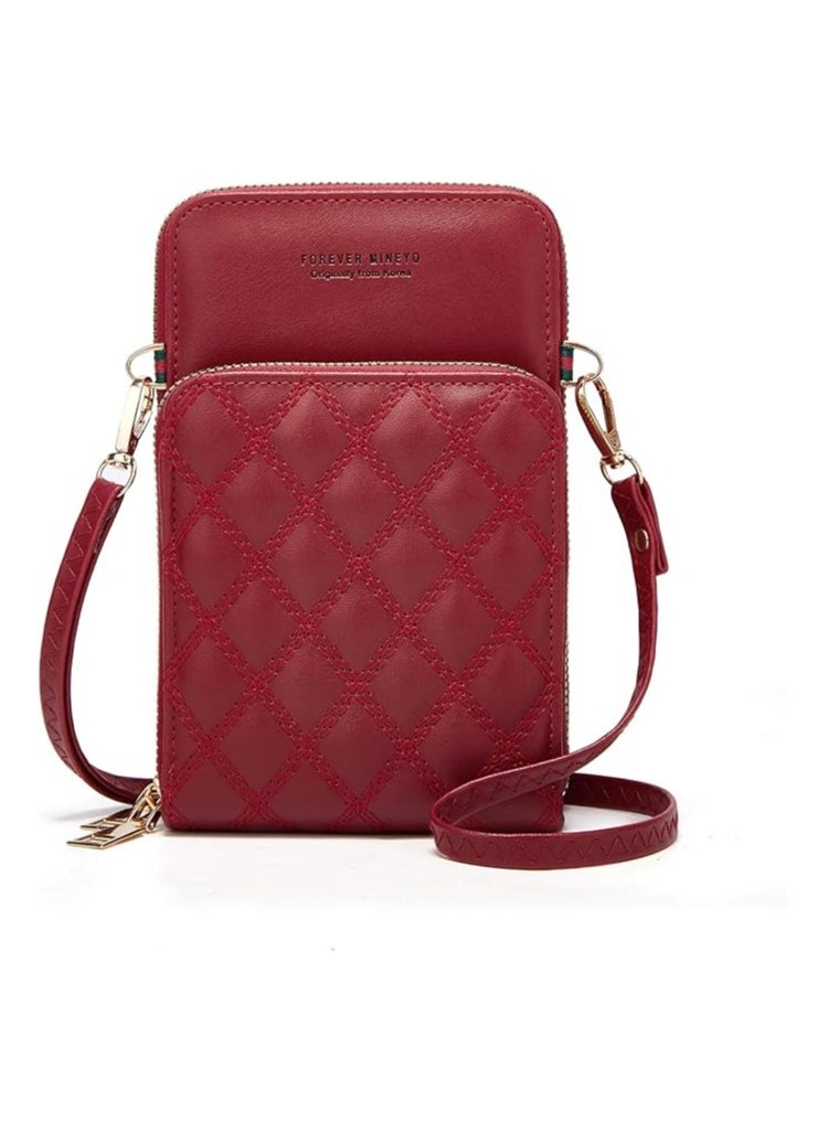 Generic Small Crossbody Bags for Women, PU Cell Phone Purse Shoulder Handbag Wallet Lozenge Pattern with Credit Card Slots, Red  - Image 3